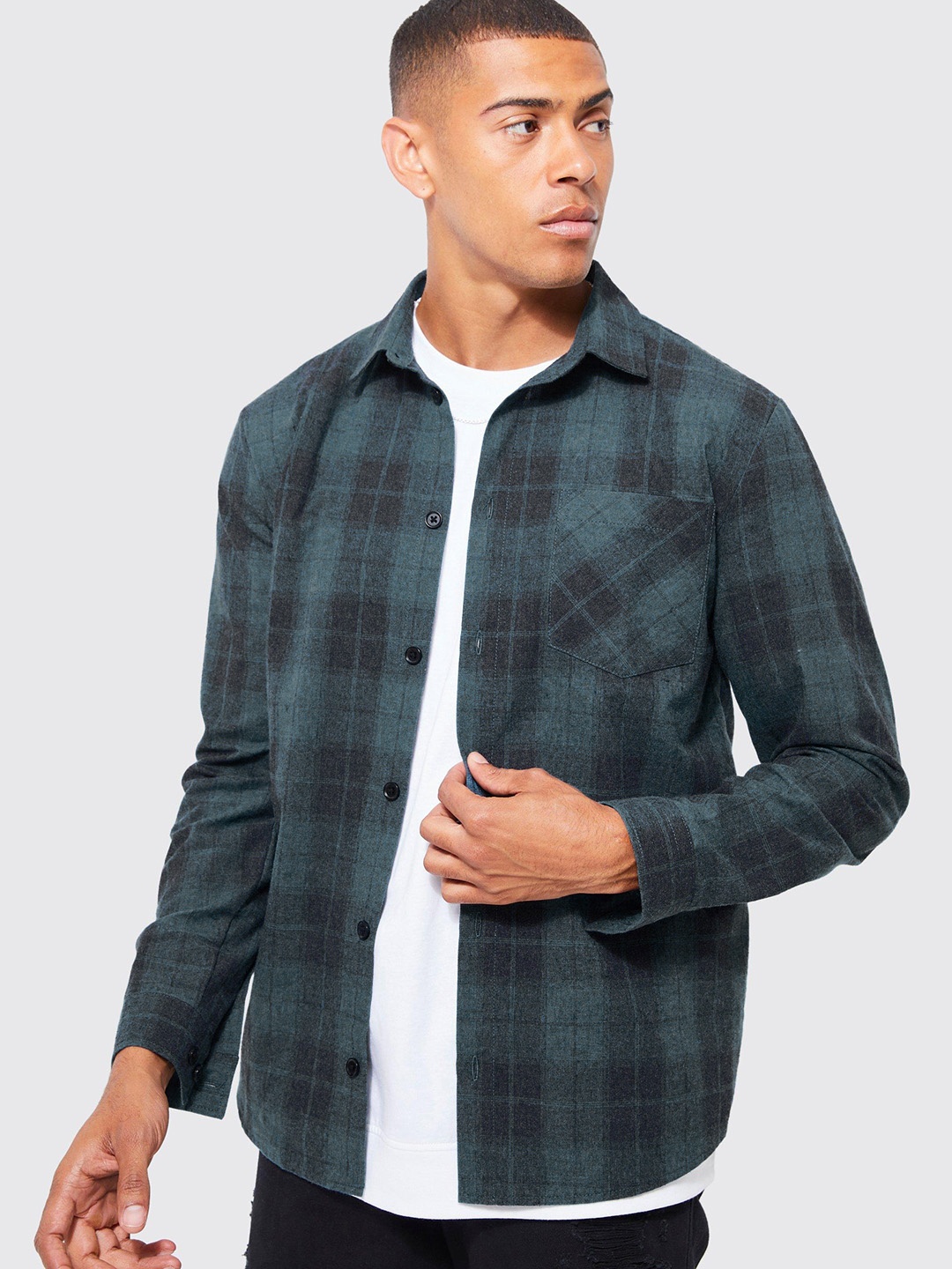 

boohooMAN Tartan Checked Heavyweight Shirt, Teal