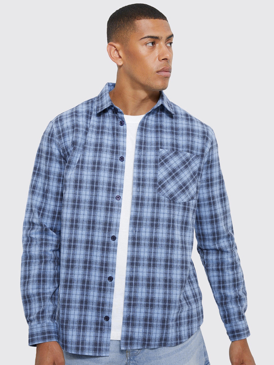 

boohooMAN Checked Casual Shirt, Blue