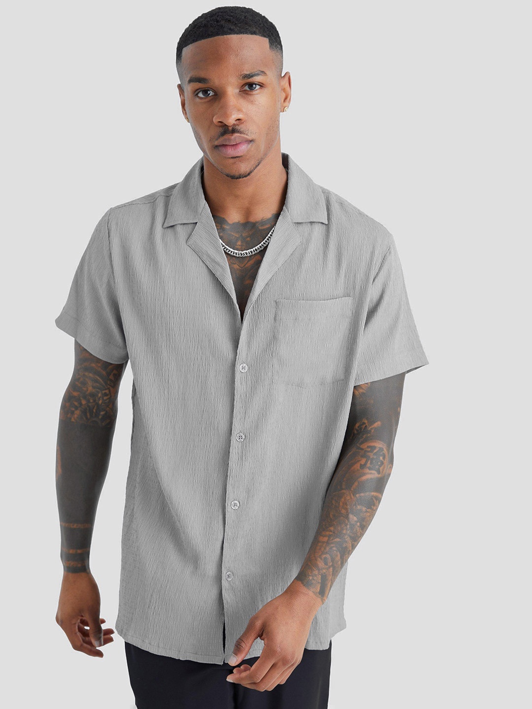

boohooMAN Boxy Crinkle Shirt, Grey