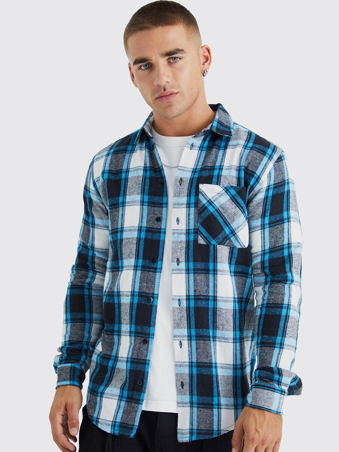 

boohooMAN Flannel Tartan Checked Casual Shirt, Blue