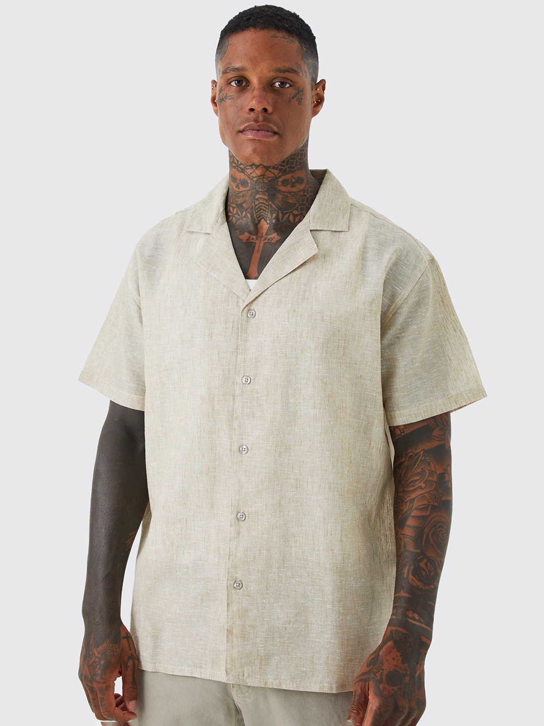 

boohooMAN Pure Cotton Oversized Revere Shirt, Beige