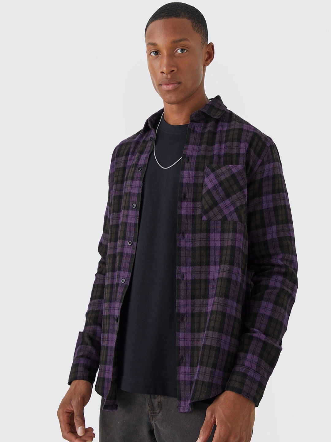 

boohooMAN Tartan Checked Flannel Shirt, Purple