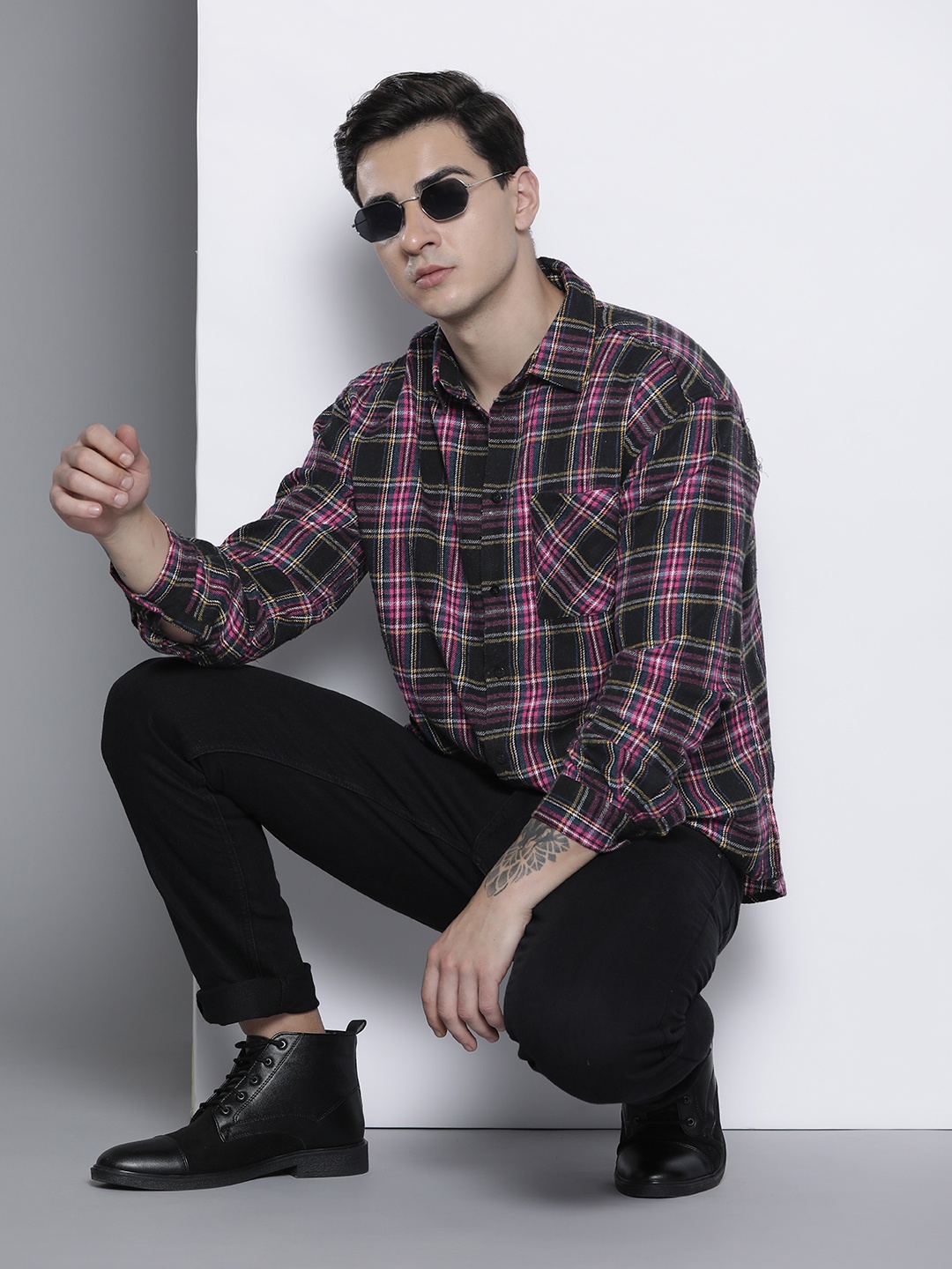 

boohooMAN Flannel Checked Oversized Shirt, Navy blue