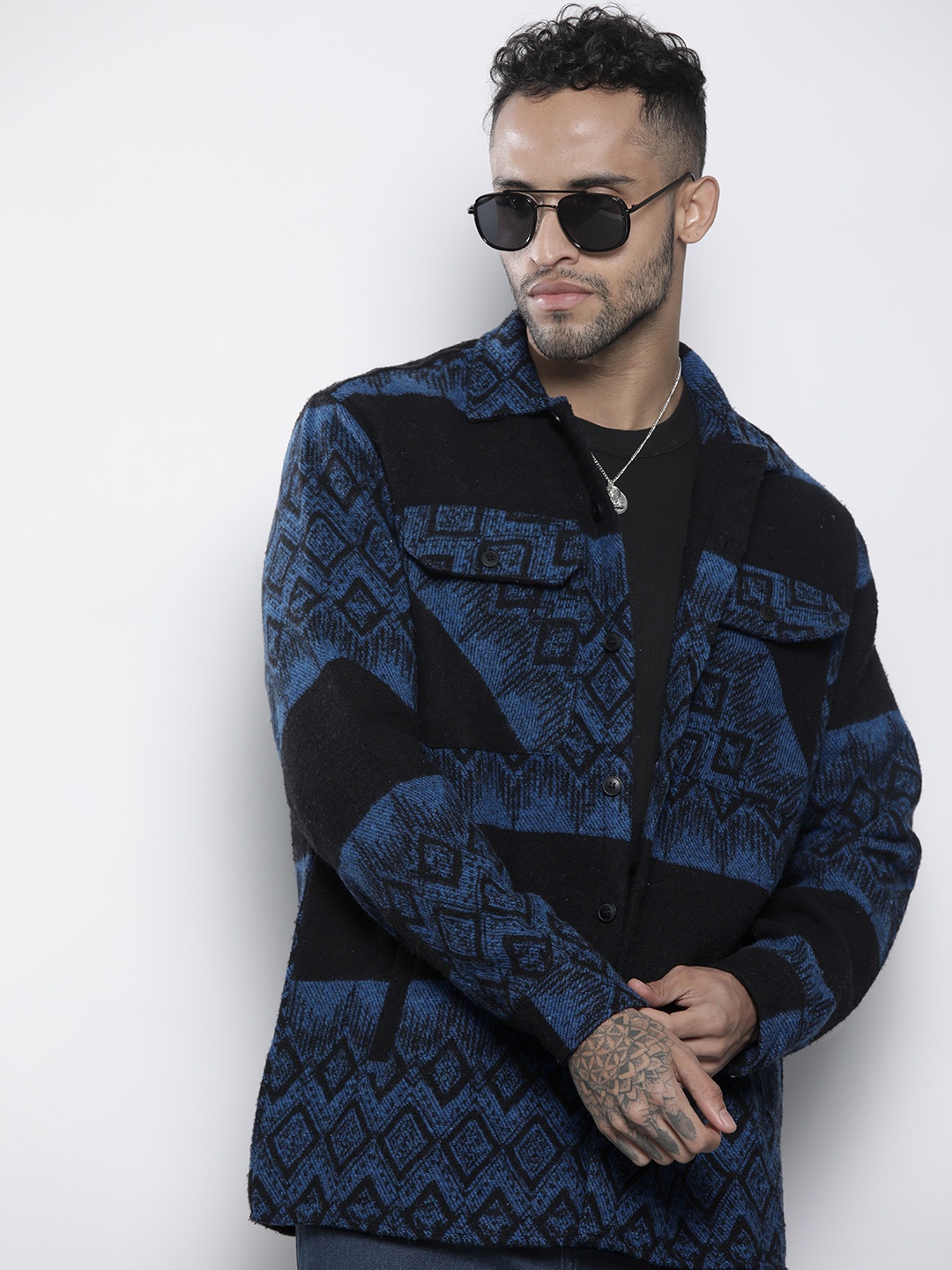 

boohooMAN Aztec Casual Shacket, Black