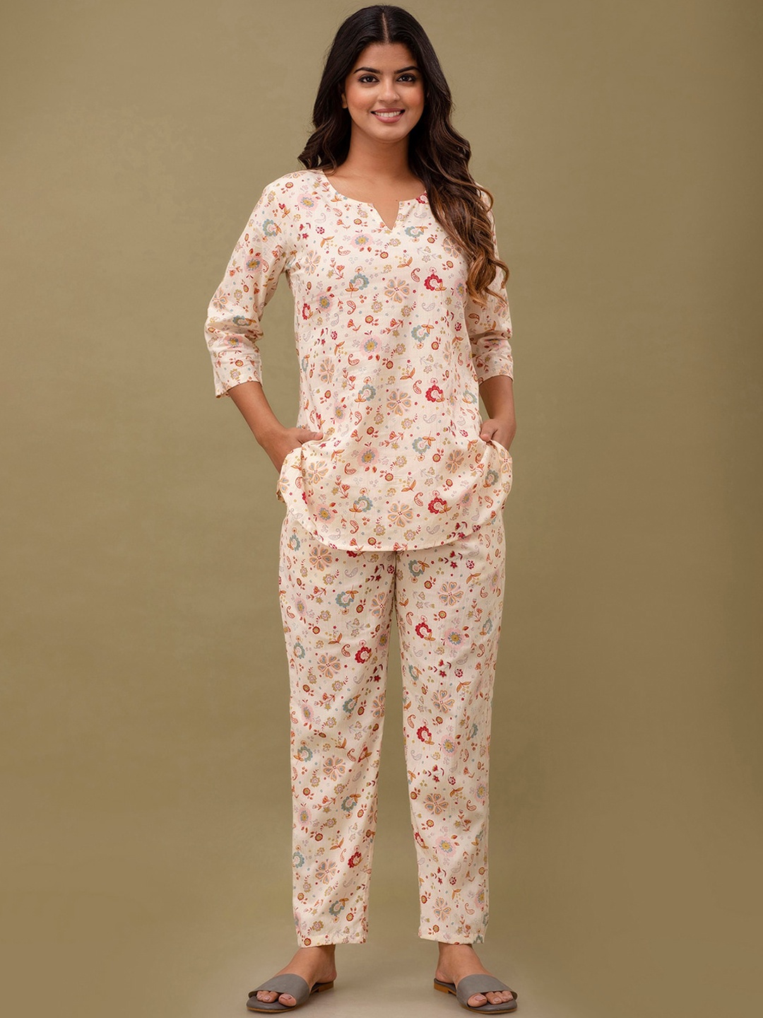 

FERANOID Floral Printed Pure Cotton Top & Pyjama, Cream