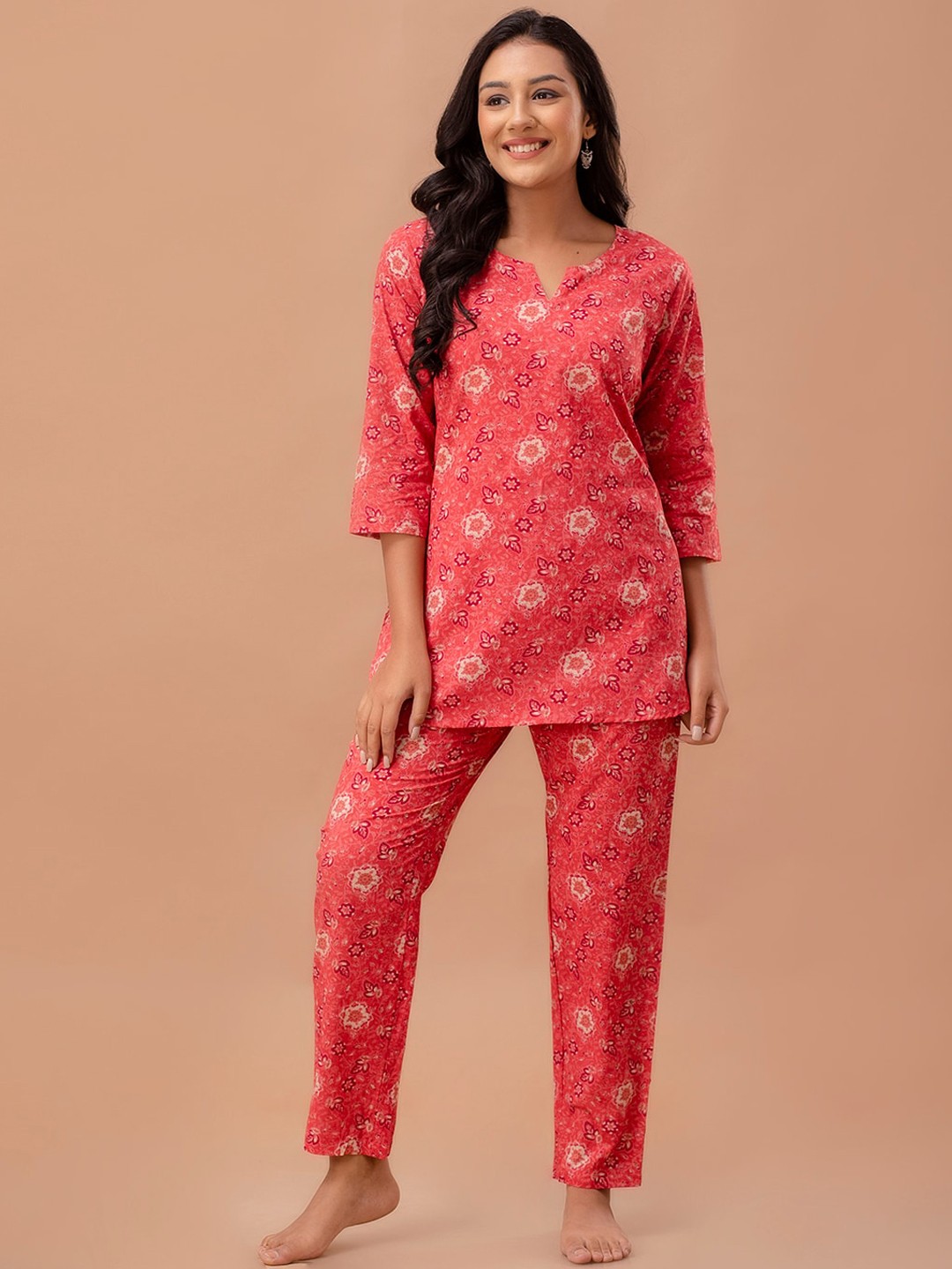 

FERANOID Floral Printed Pure Cotton Night Suit, Orange