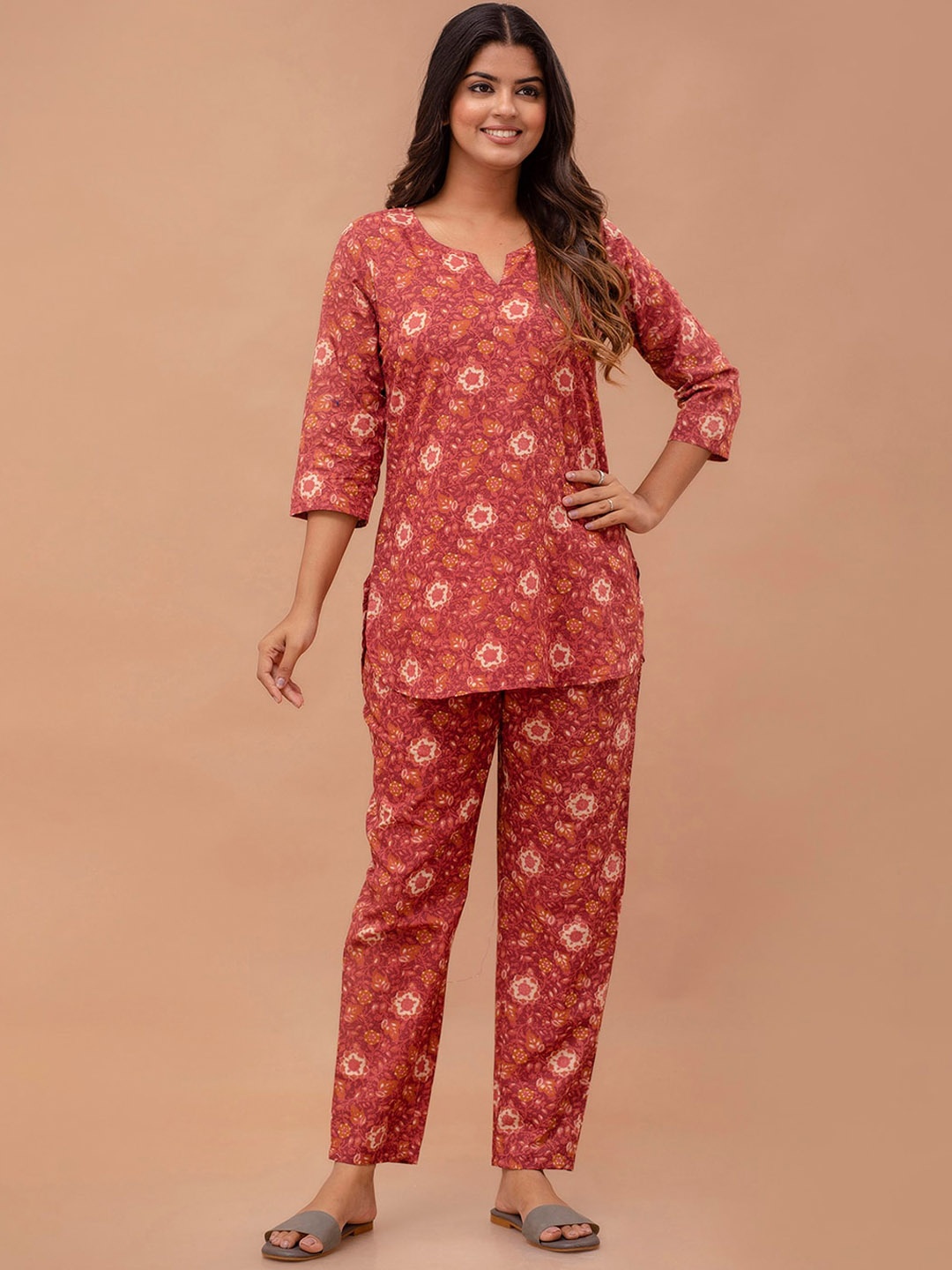 

FERANOID Floral Printed Pure Cotton Night Suit, Rust