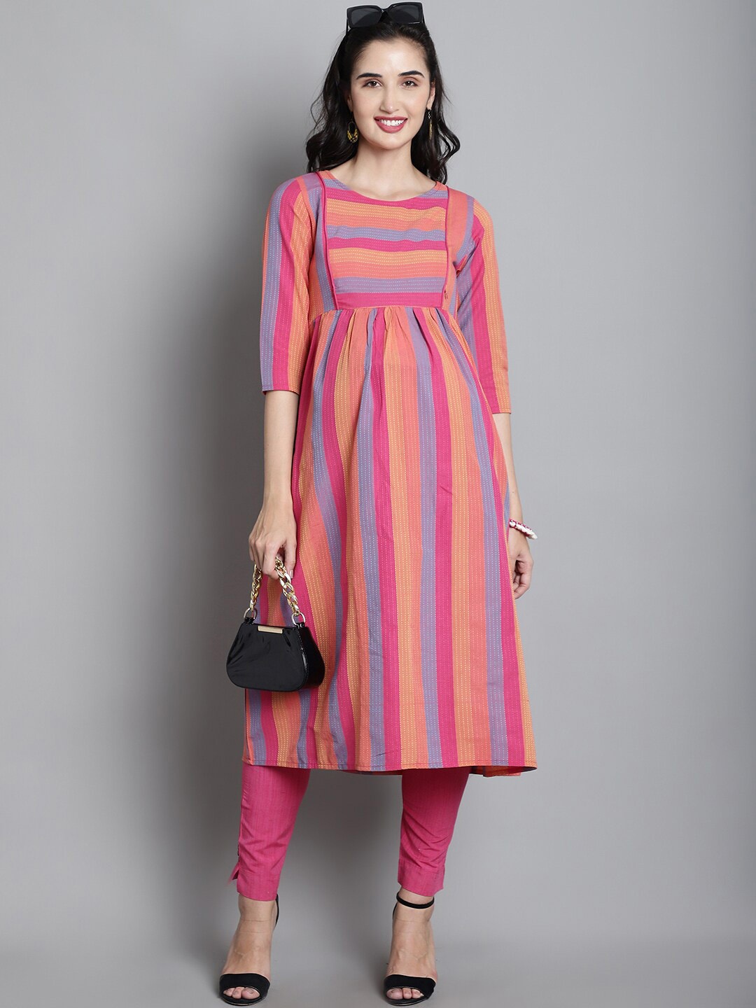 

Moms Maternity Striped Maternity Pleated Organic Cotton Kurta, Pink