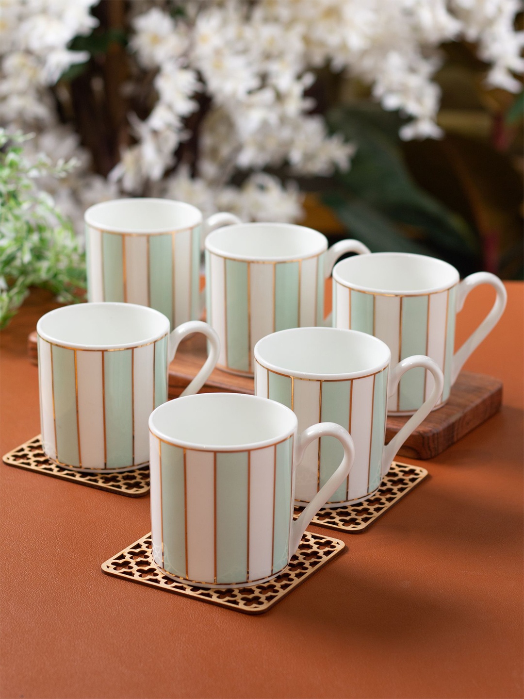 

CLAY CRAFT Premium White & Green 6 Pieces Printed Ceramic Glossy Cups - 210 ml Each