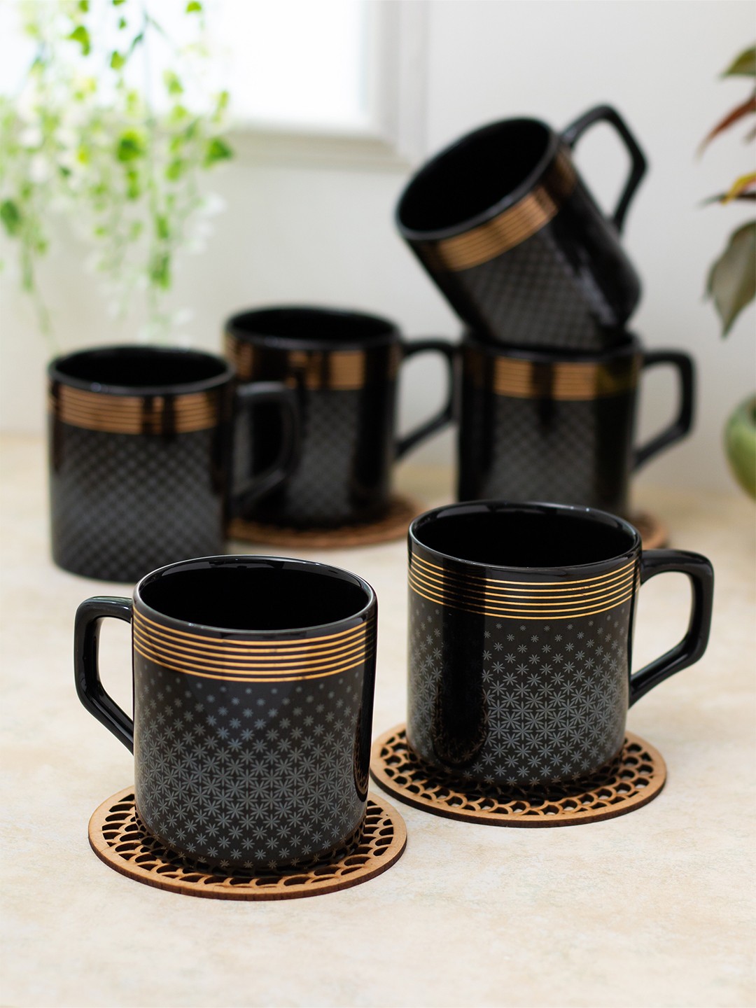 

CLAY CRAFT Black 6 Pieces Printed Ceramic Glossy Mugs 220 ML Each