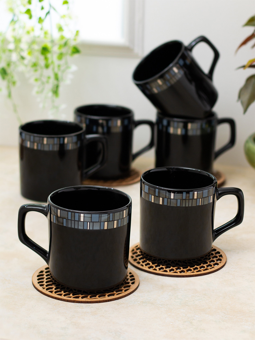 

CLAY CRAFT Premium Black & White Geometric Printed Ceramic Glossy Cups - 220 ML Each