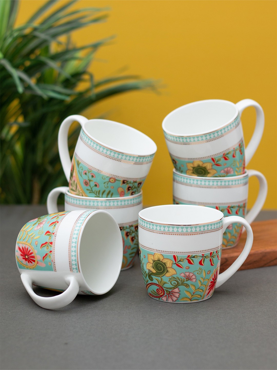 

CLAY CRAFT White & Green 6 Pieces Floral Printed Ceramic Glossy Cups 210 Ml Each
