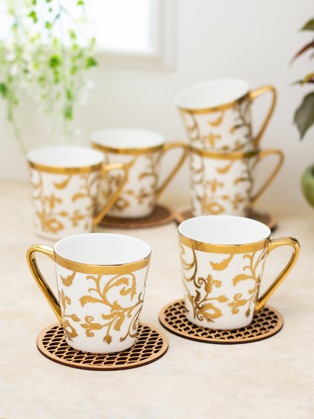 

CLAY CRAFT White & Gold-Toned 6 Pieces Floral Printed Ceramic Glossy Cups 180 ml each