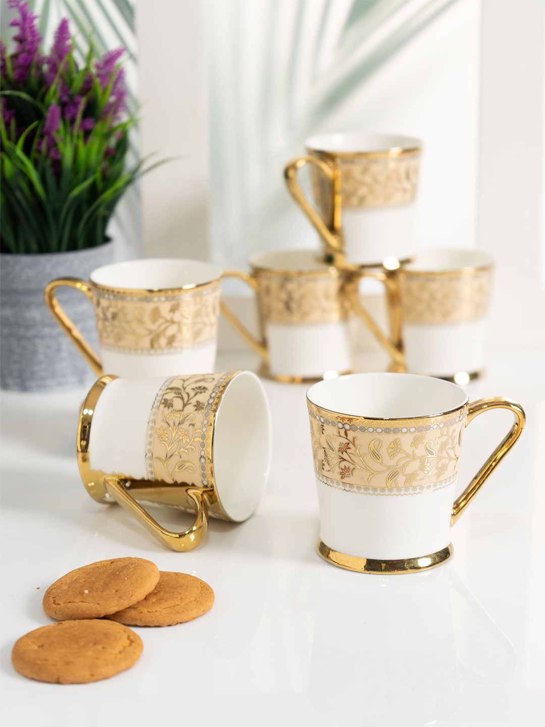 

CLAY CRAFT White & Gold Toned 6 Pieces Floral Printed Ceramic Tea Cups 180ml
