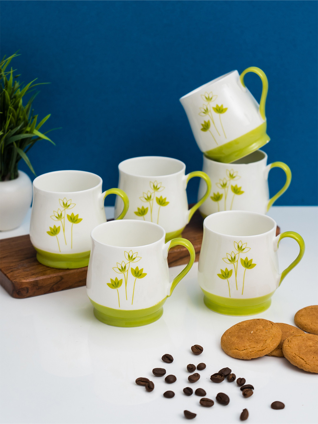 

CLAY CRAFT White & Green 6 Pieces Printed Ceramic Glossy Cups 210 ml Each