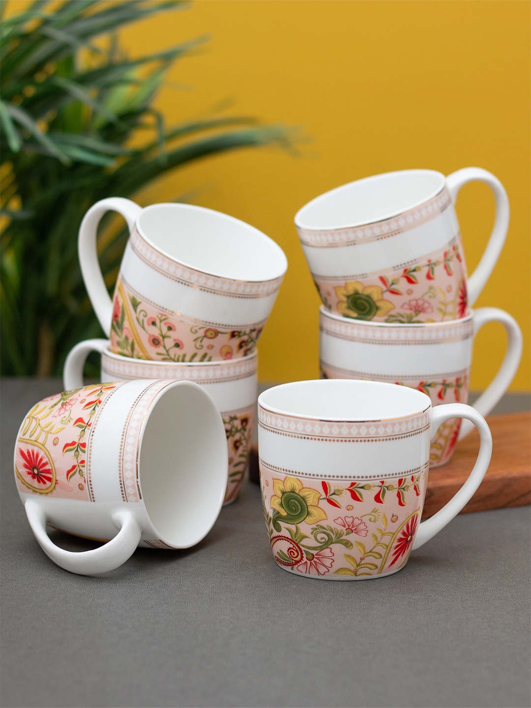 

CLAY CRAFT White & Pink 6 Pieces Floral Printed Ceramic Glossy Coffee Mugs 210 ml Each