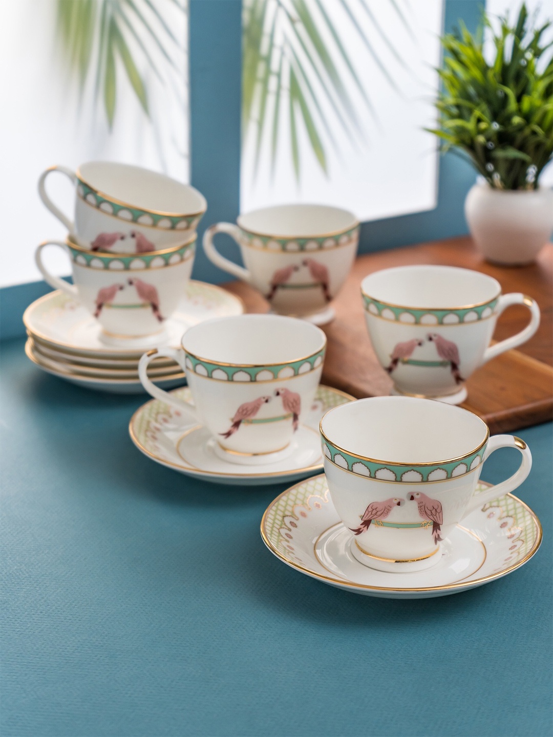 

CLAY CRAFT White & Pink 12 Pieces Printed Ceramic Glossy Cups and Saucers 180 ml