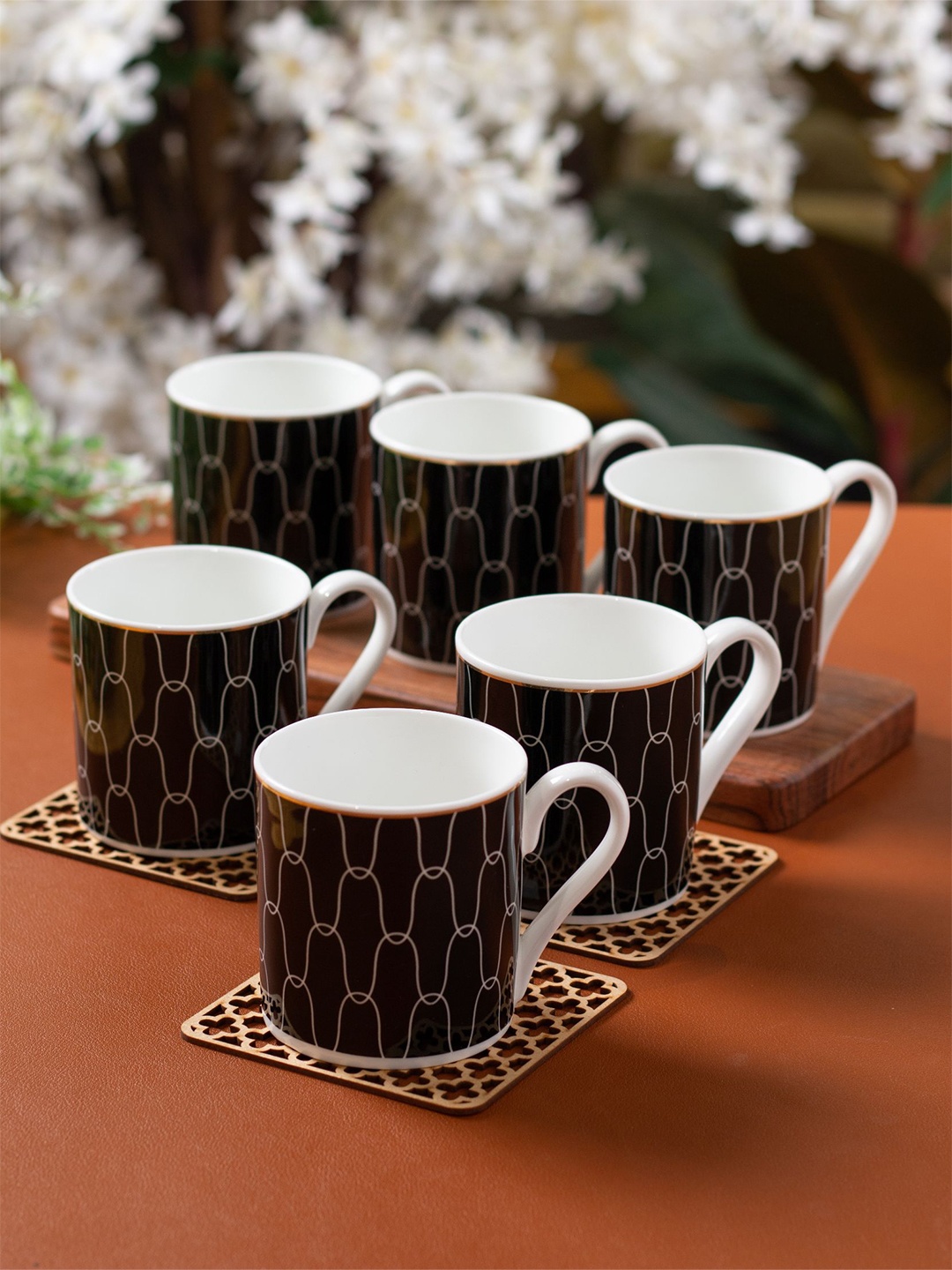 

CLAY CRAFT Premium White 6 Pcs Handcrafted Printed Ceramic Glossy Cups - 210 ML Each