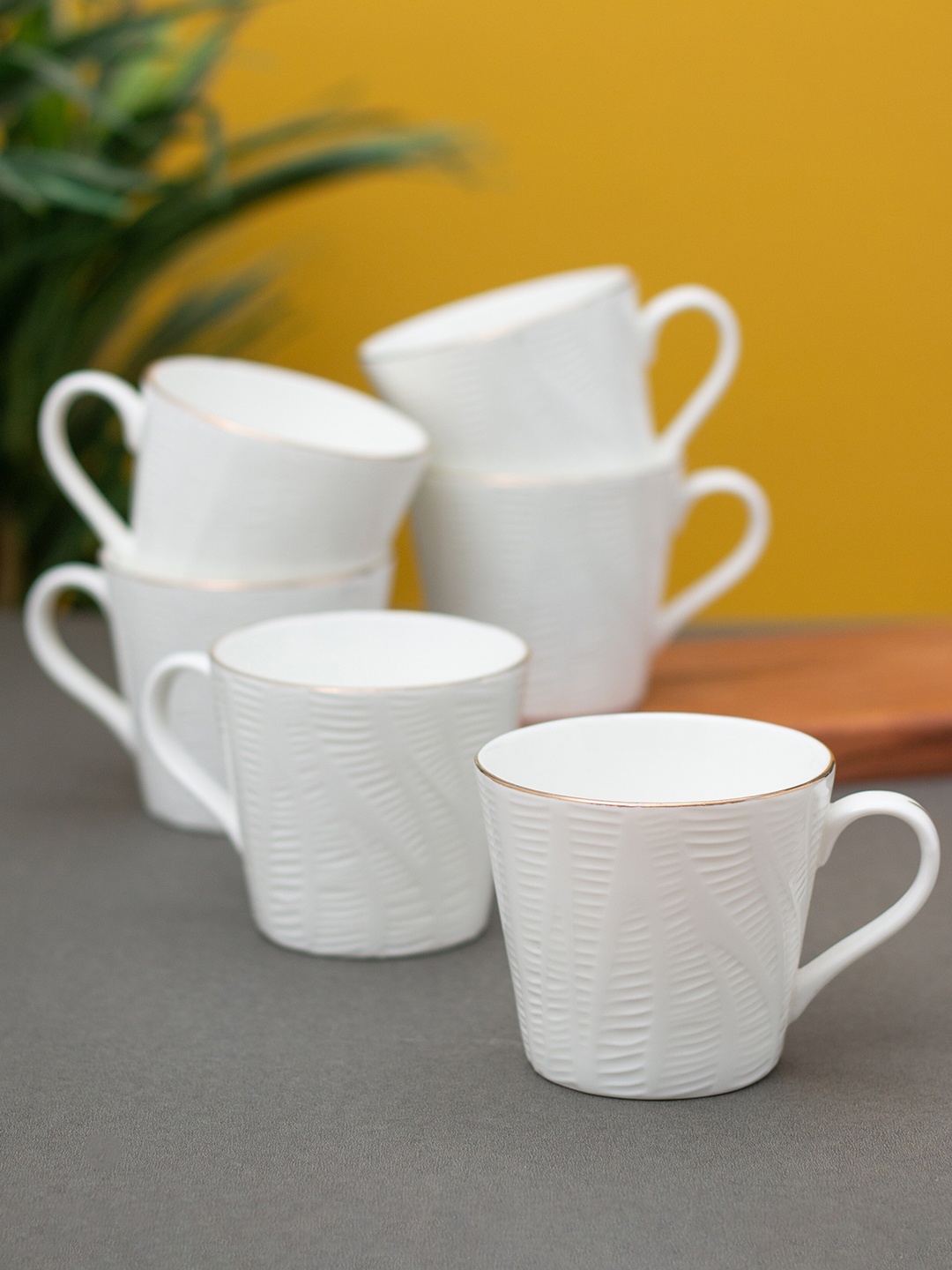 

CLAY CRAFT 6 Pcs White & Gold-Toned Textured Ceramic Glossy Cups - 220 ML Each