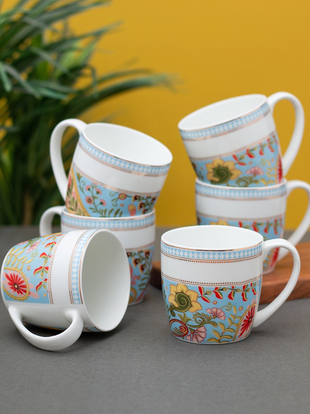 

CLAY CRAFT White & Yellow 6 Pieces Floral Printed Ceramic Glossy Cups 210 ml Each