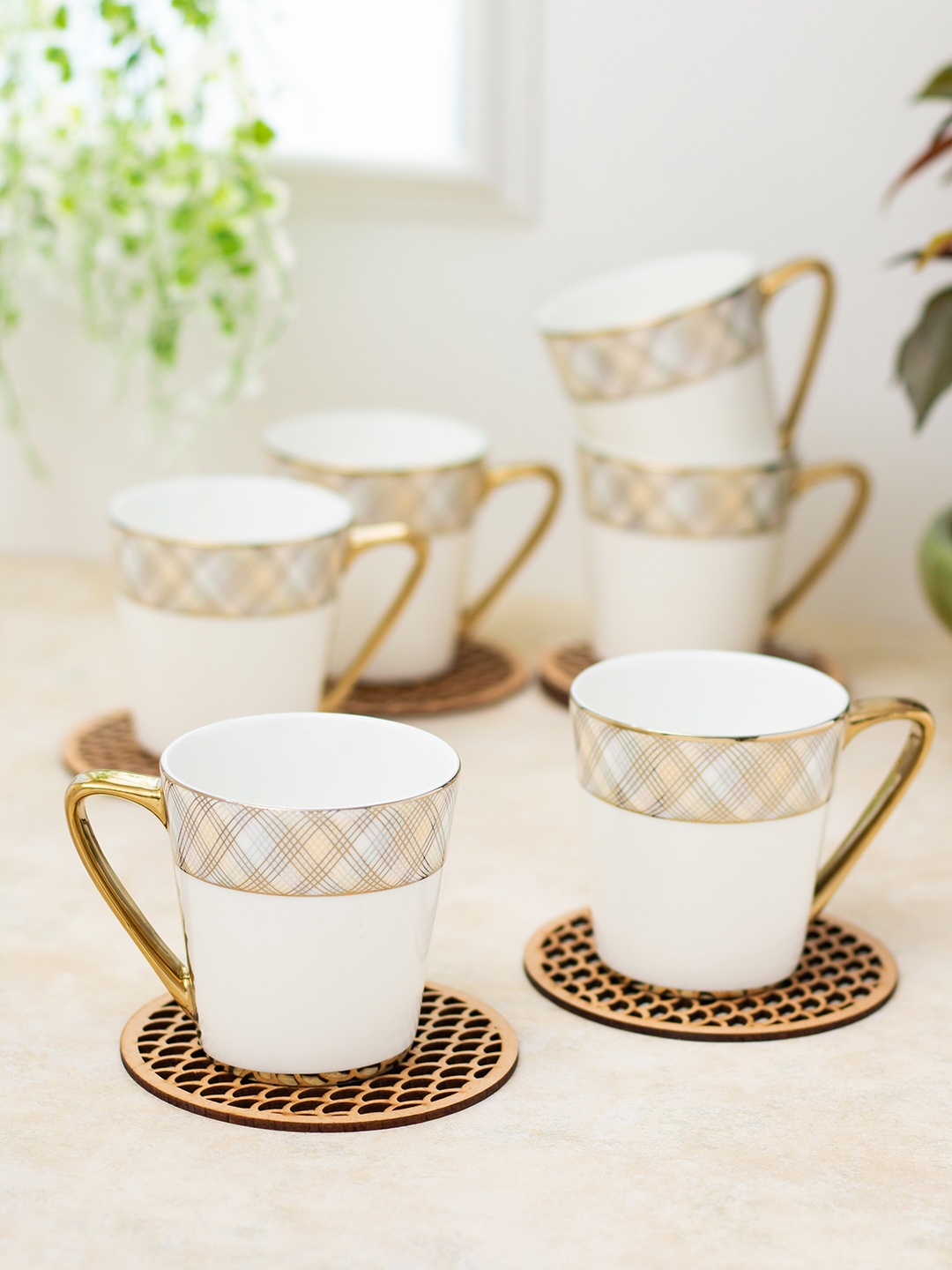 

CLAY CRAFT Rock Ebony White 6 Pieces Printed Premium Glossy Ceramic Cups 180 ml Each