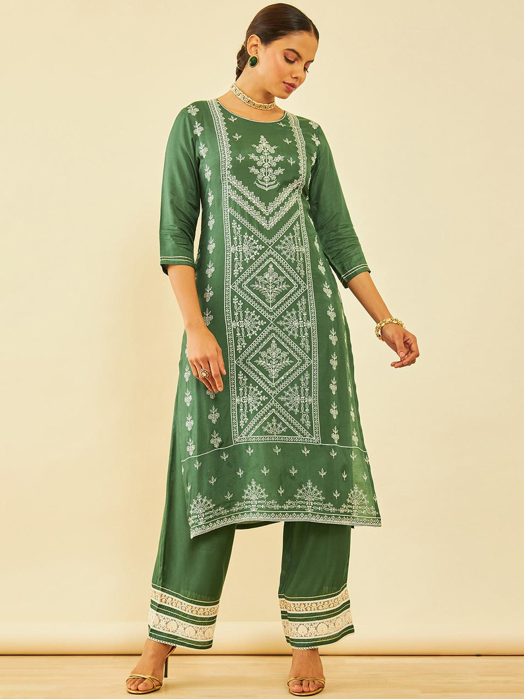 

Soch Floral Embroidered Regular Sequinned Kurta with Palazzos, Green