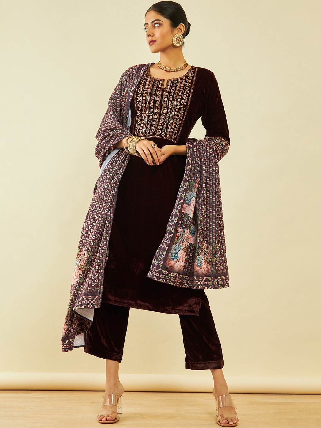 

Soch Brown Floral Embroidered Regular Velvet Straight Kurta & Trousers With Dupatta
