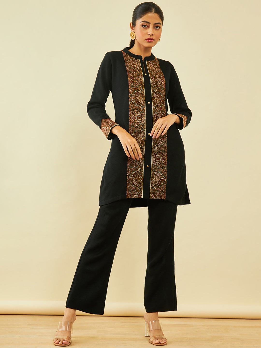 

Soch Ethnic Motifs Embroidered Regular Thread Work Kurti with Trousers, Black