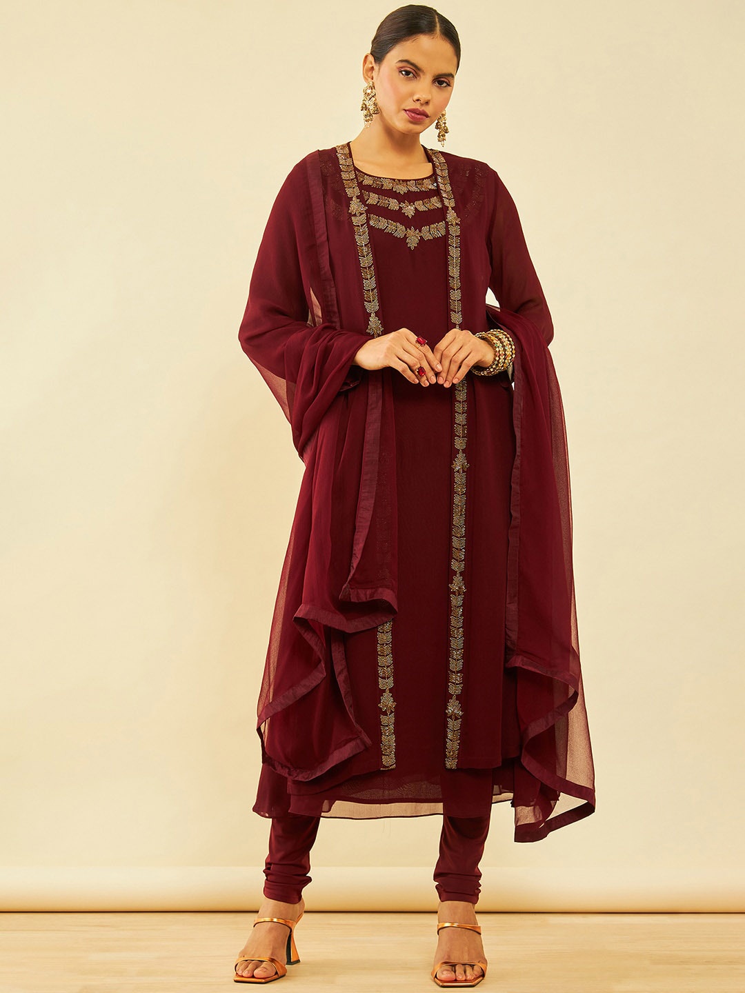 

Soch Maroon Embellished Regular Beads and Stones A-Line Kurta with Churidar & With Dupatta