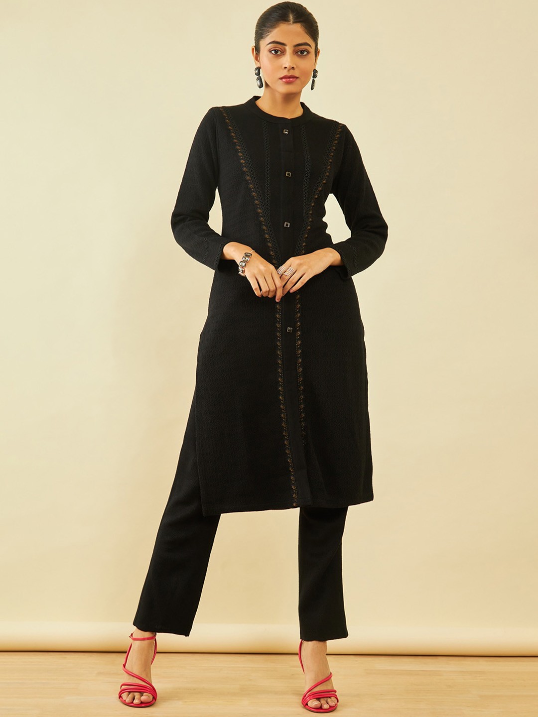 

Soch Woven Design Regular Kurta with Trousers, Black