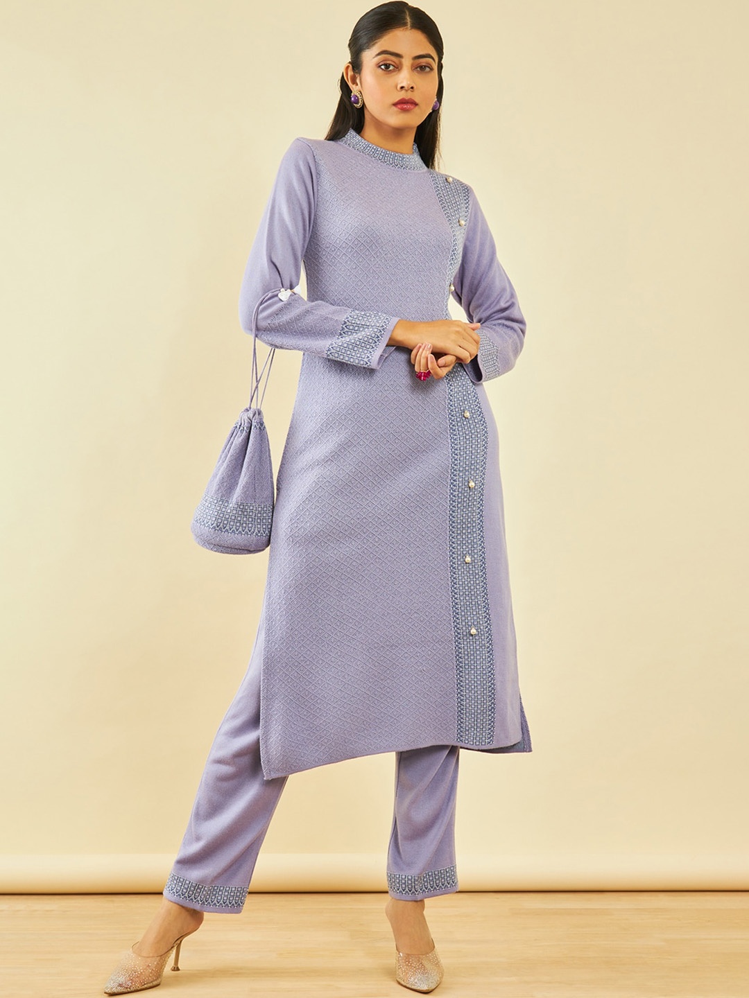 

Soch Self Designed Regular Beads And Stones Acrylic Kurta With Trousers & Potli Bag, Purple