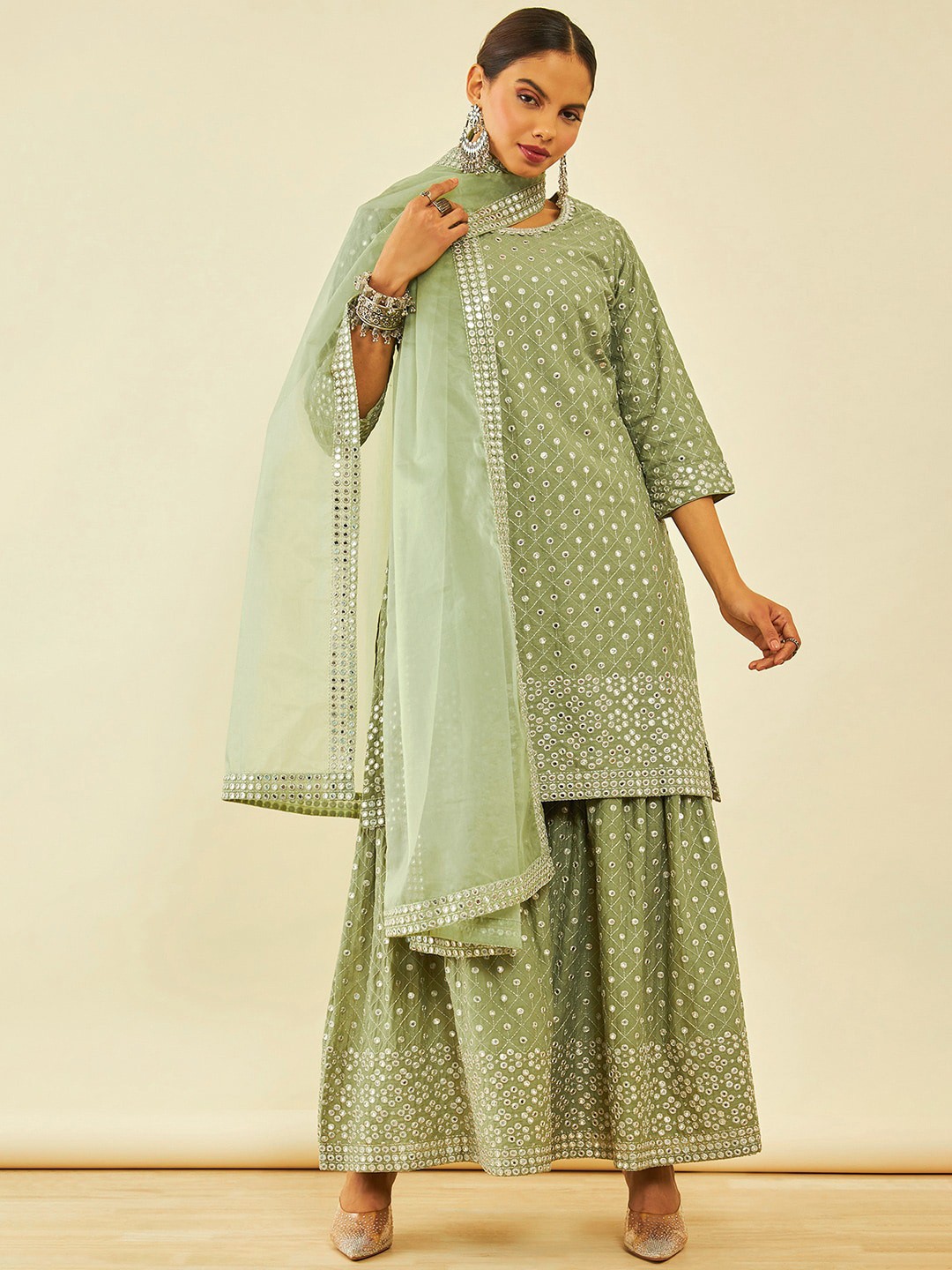 

Soch Geometric Printed Round Neck Mirror Work Kurta With Sharara & Dupatta, Olive