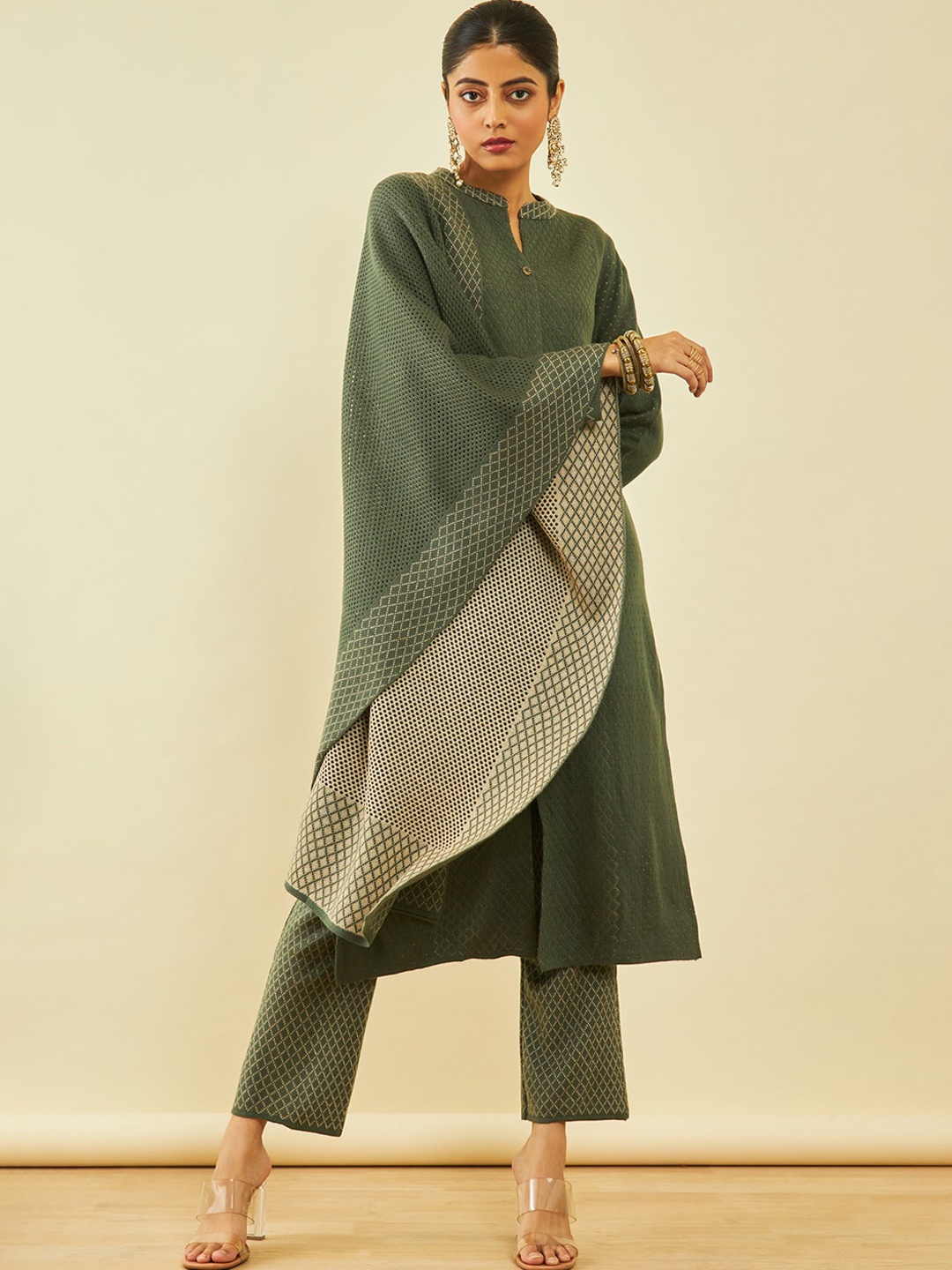 

Soch Olive Green Self Design Regular Straight Kurta & Trousers with Shawl