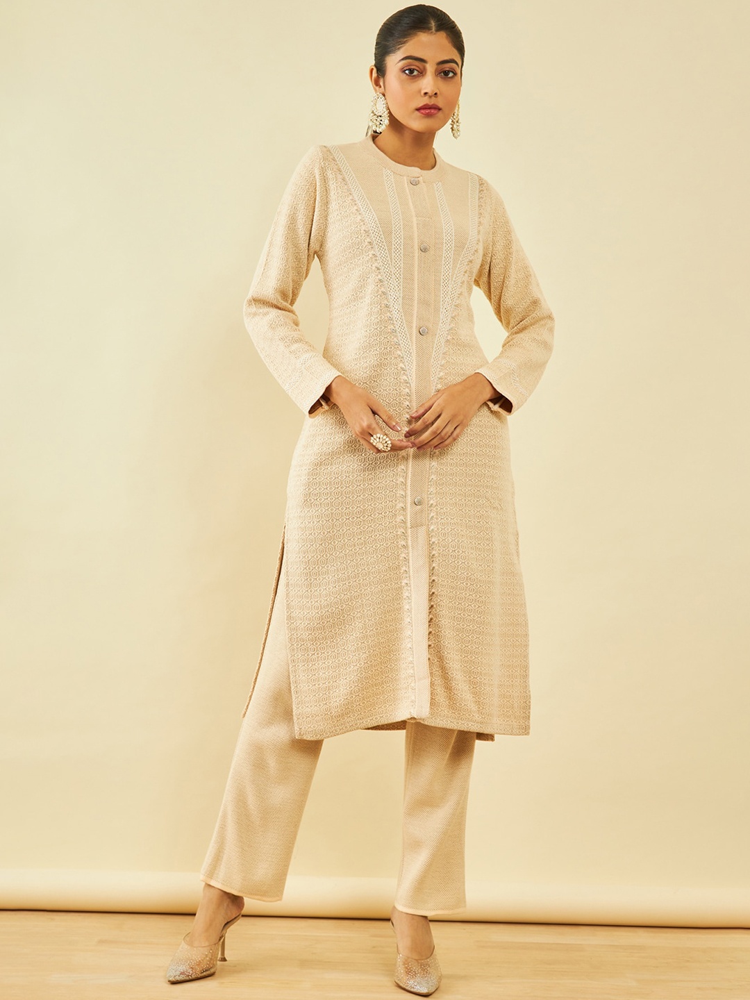 

Soch Ethnic Motifs Woven Design Regular Kurta with Trousers, Beige