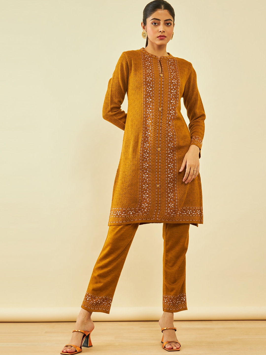 

Soch Mustard Yellow Self Design Regular Straight Kurta with Trousers