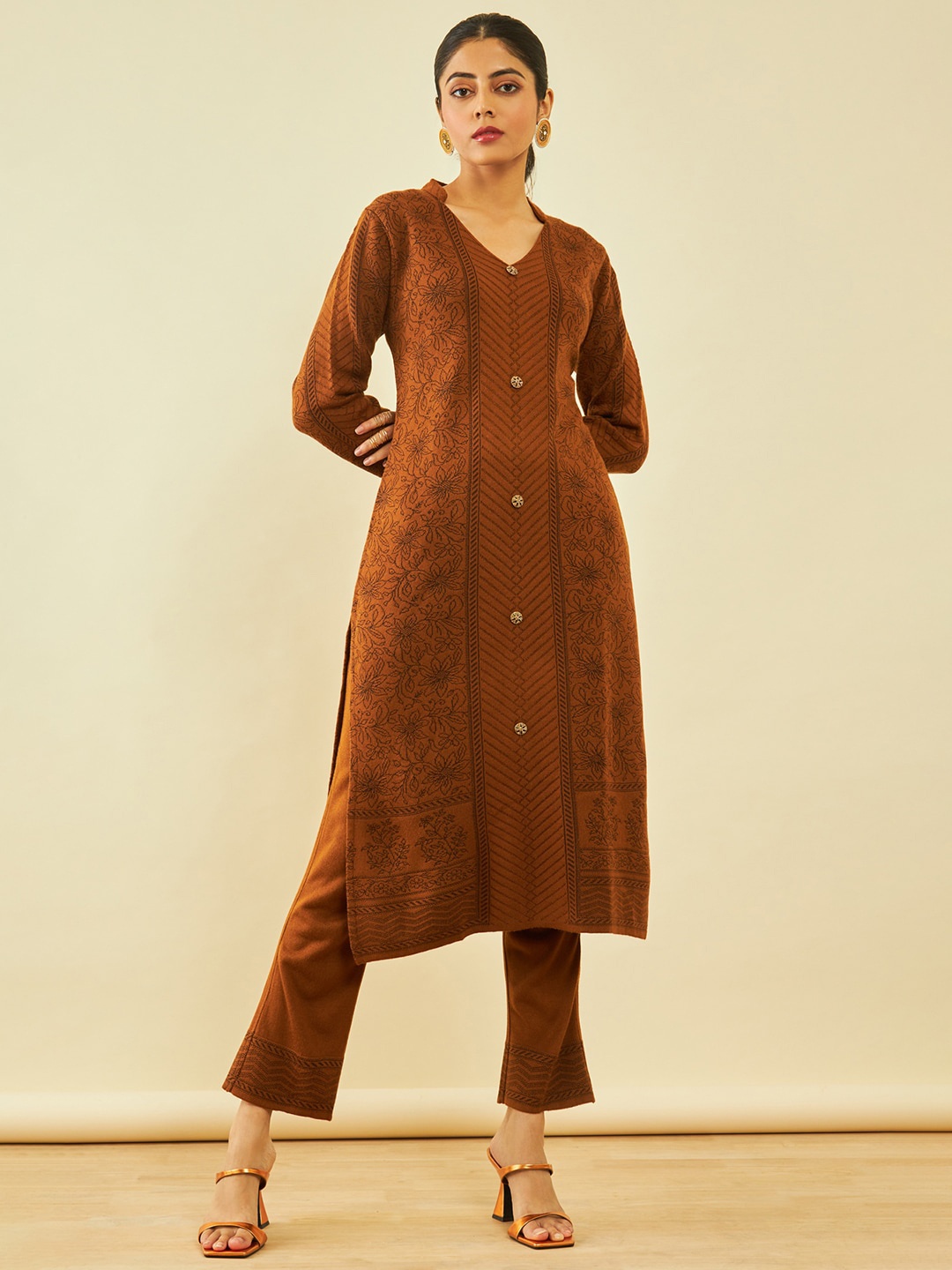 

Soch Ethnic Motifs Woven Designed Acrylic Regular Kurta With Trousers, Brown