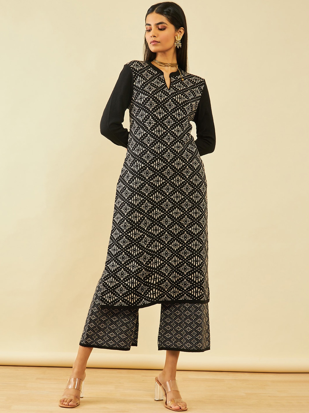 

Soch Black Self Design Regular Straight Kurta with Trousers