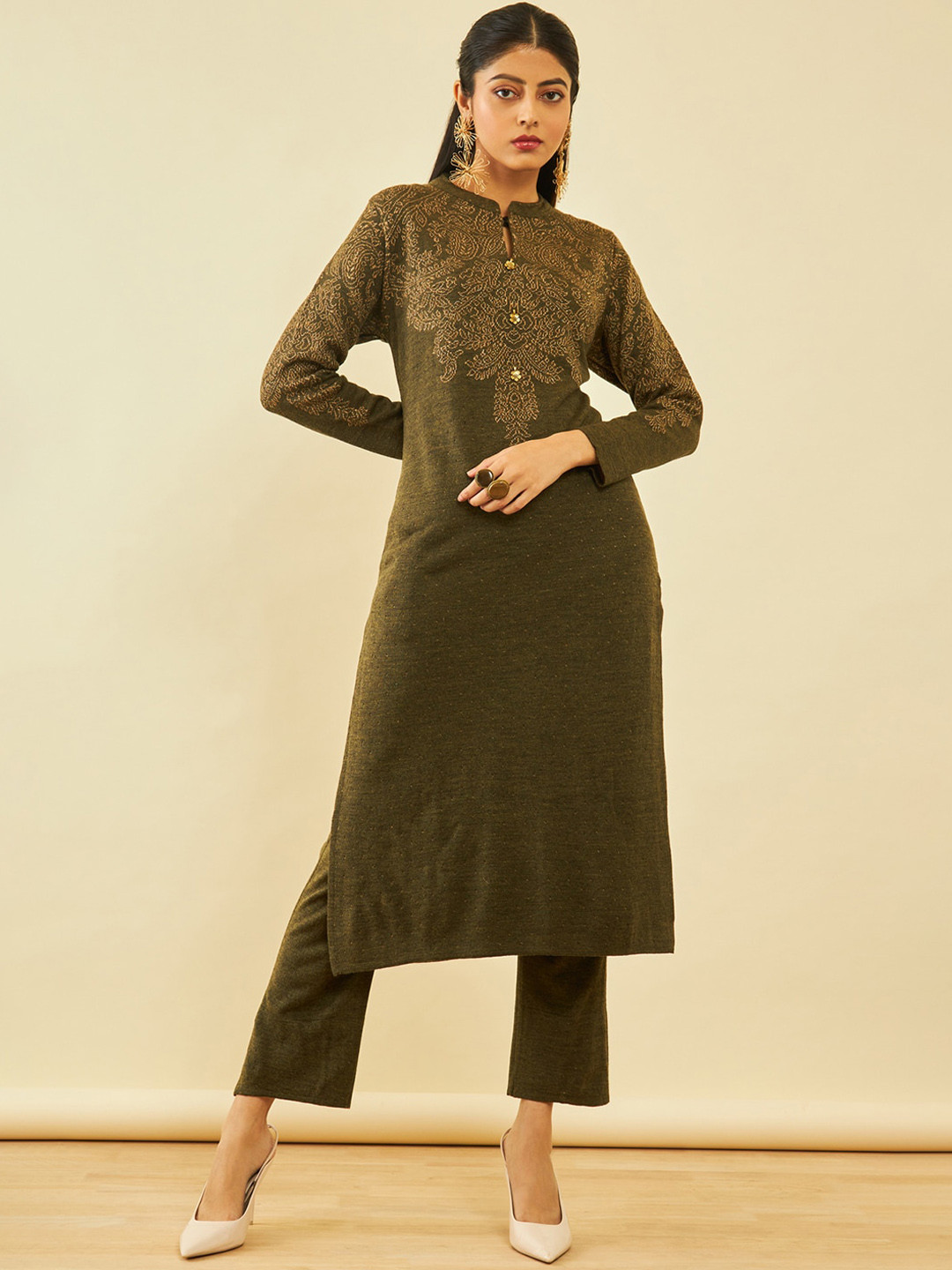 

Soch Olive Green Self Design Regular Straight Kurta with Trousers