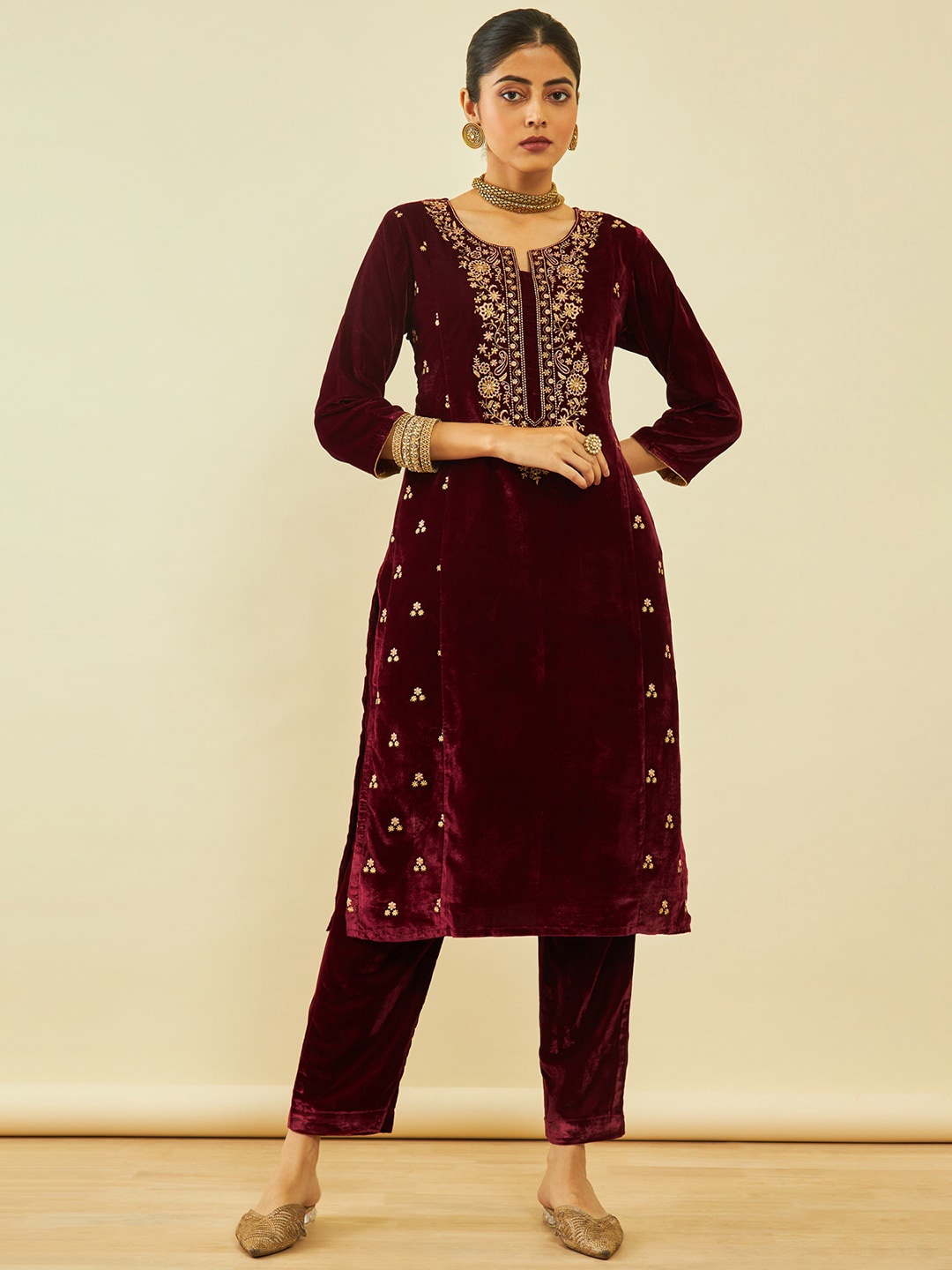 

Soch Ethnic Motifs Embroidered Regular Thread Work Velvet Kurta With Trousers, Maroon