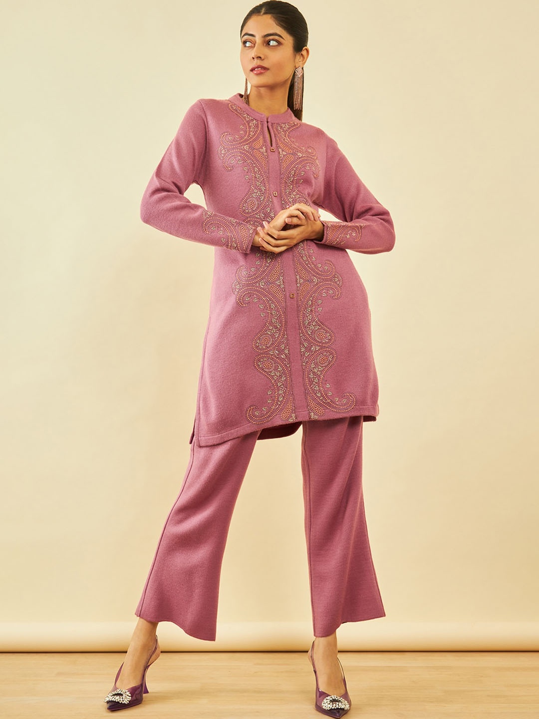 

Soch Pink Paisley Embroidered Regular Thread Work Straight Kurta with Trousers