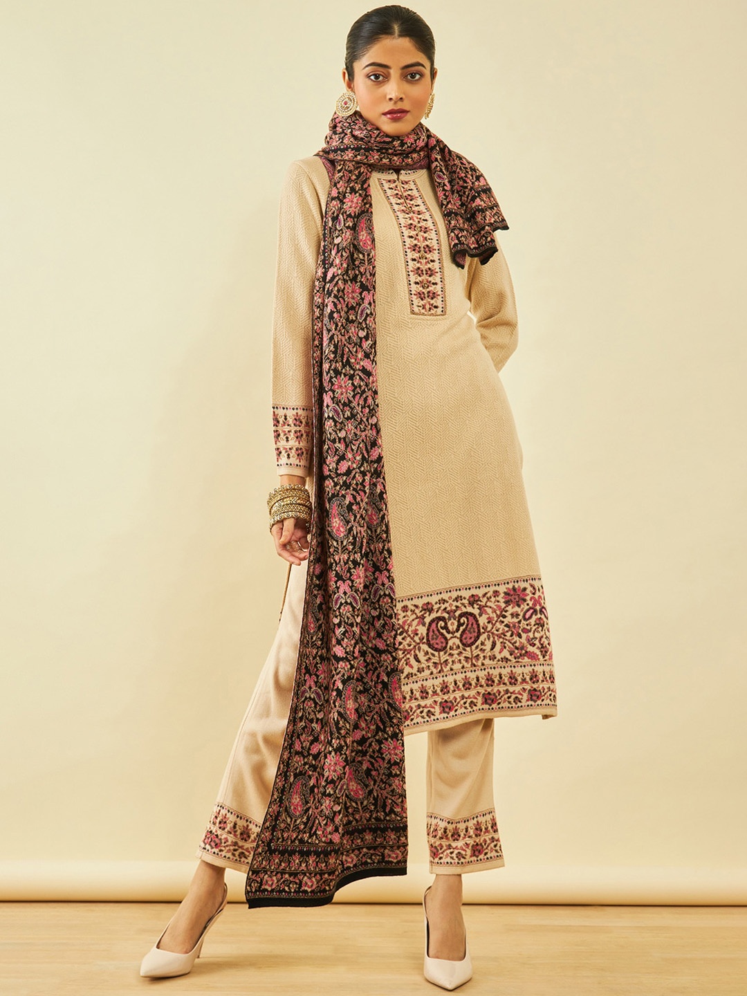 

Soch Beige Woven Design Regular Acrylic Straight Kurta & Trousers With Shawl
