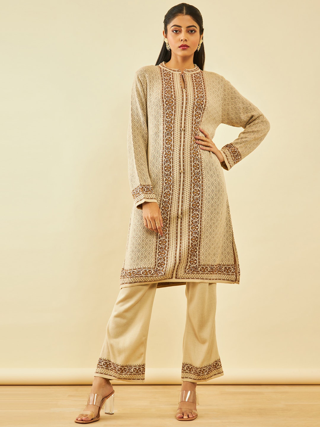 

Soch Ethnic Motifs Woven Designed Regular Acrylic Kurta with Palazzos, Beige