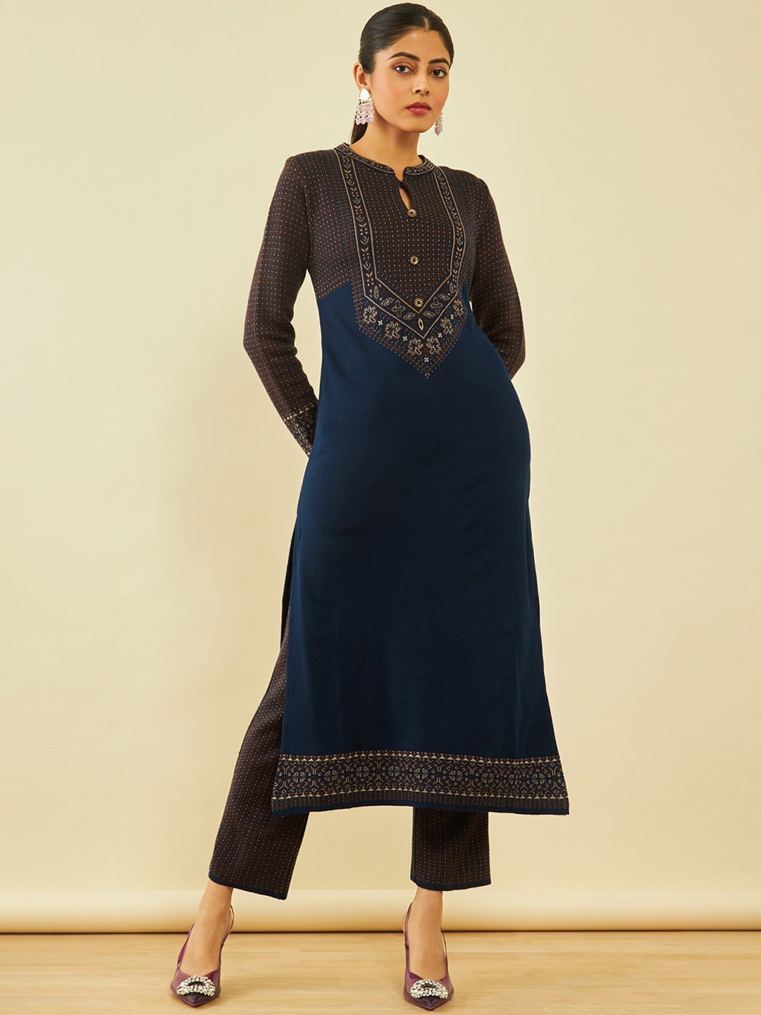

Soch Navy Blue Self Design Regular Straight Kurta with Trousers