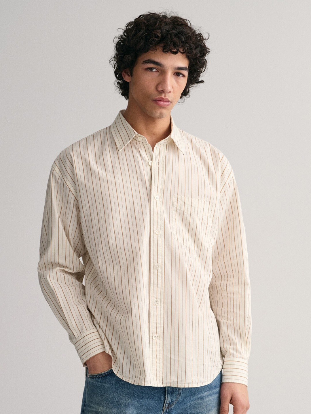 

GANT Oversized Striped Spread Collar Long Sleeves Casual Pure Cotton Shirt, Cream