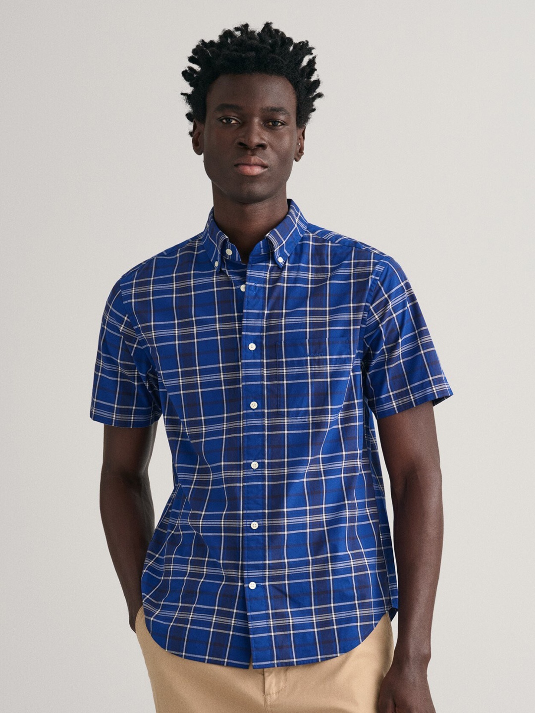 

GANT Checked Button-Down Collar Short Sleeves Casual Pure Cotton Shirt, Blue