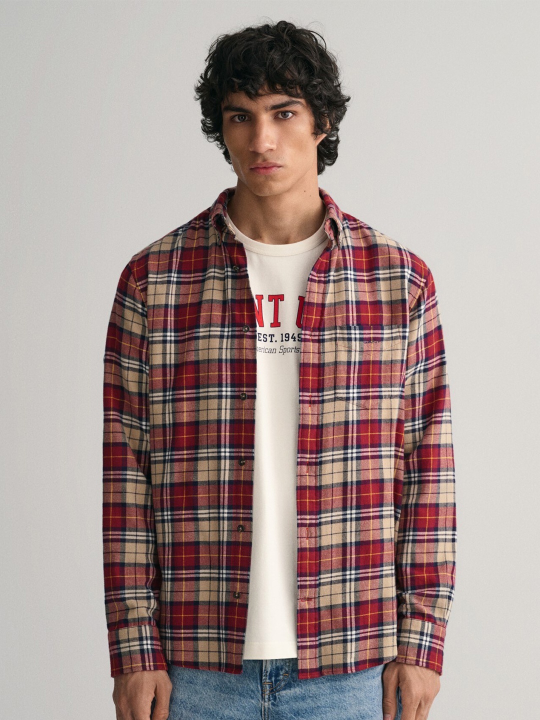 

GANT Tartan Checked Button-Down Collar Casual Shirt, Red