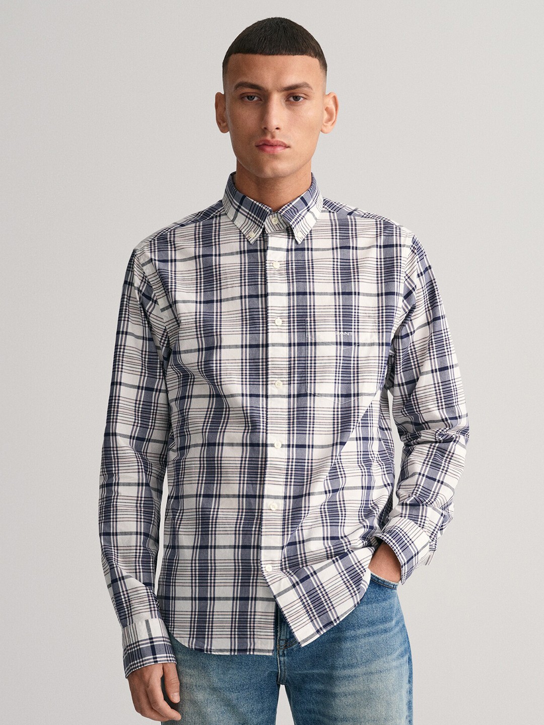 

GANT Checked Button-Down Collar Long Sleeves Casual Pure Cotton Shirt, White