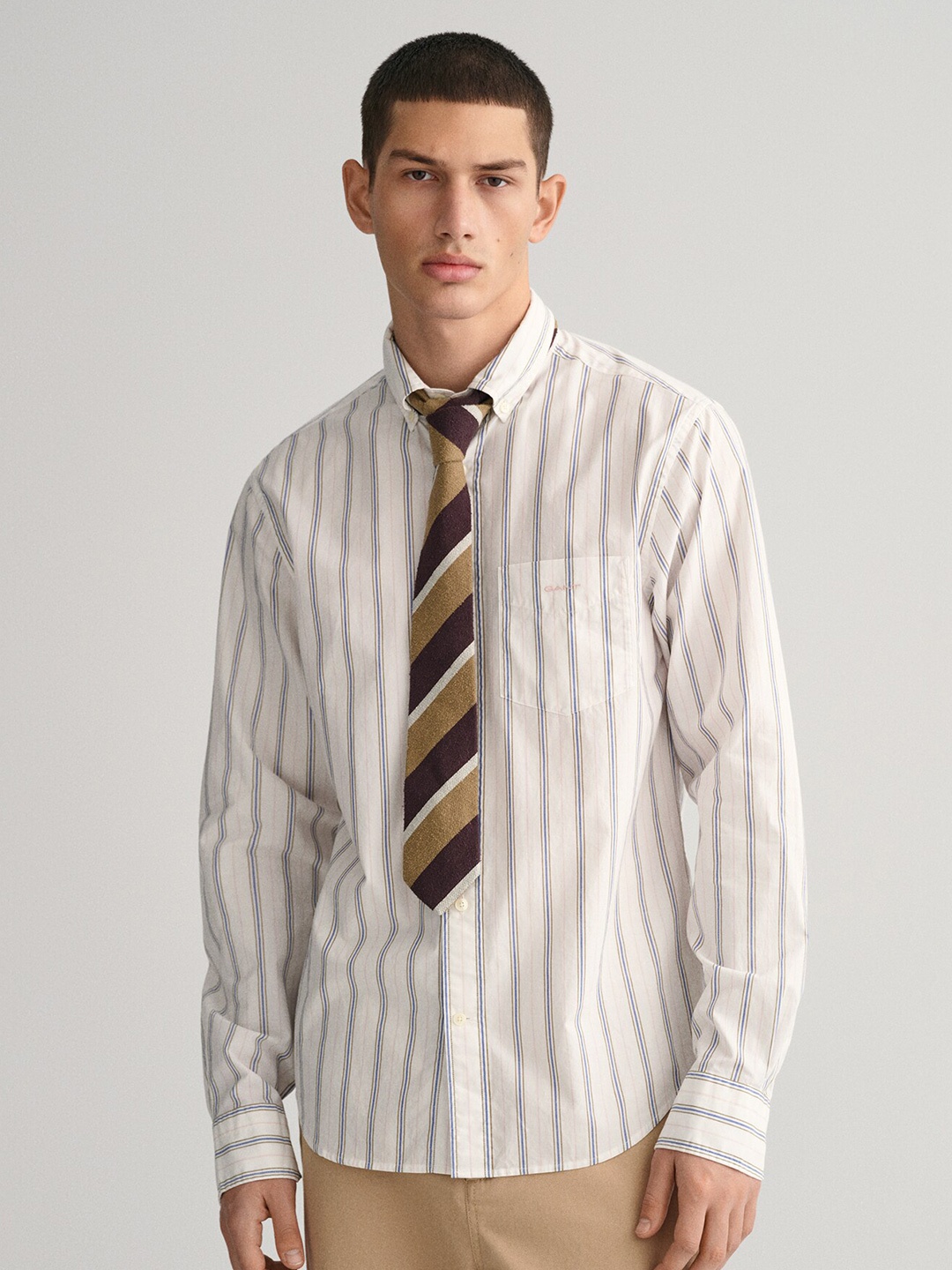 

GANT Vertical Striped Button-Down Collar Long Sleeves Casual Pure Cotton Shirt, Off white
