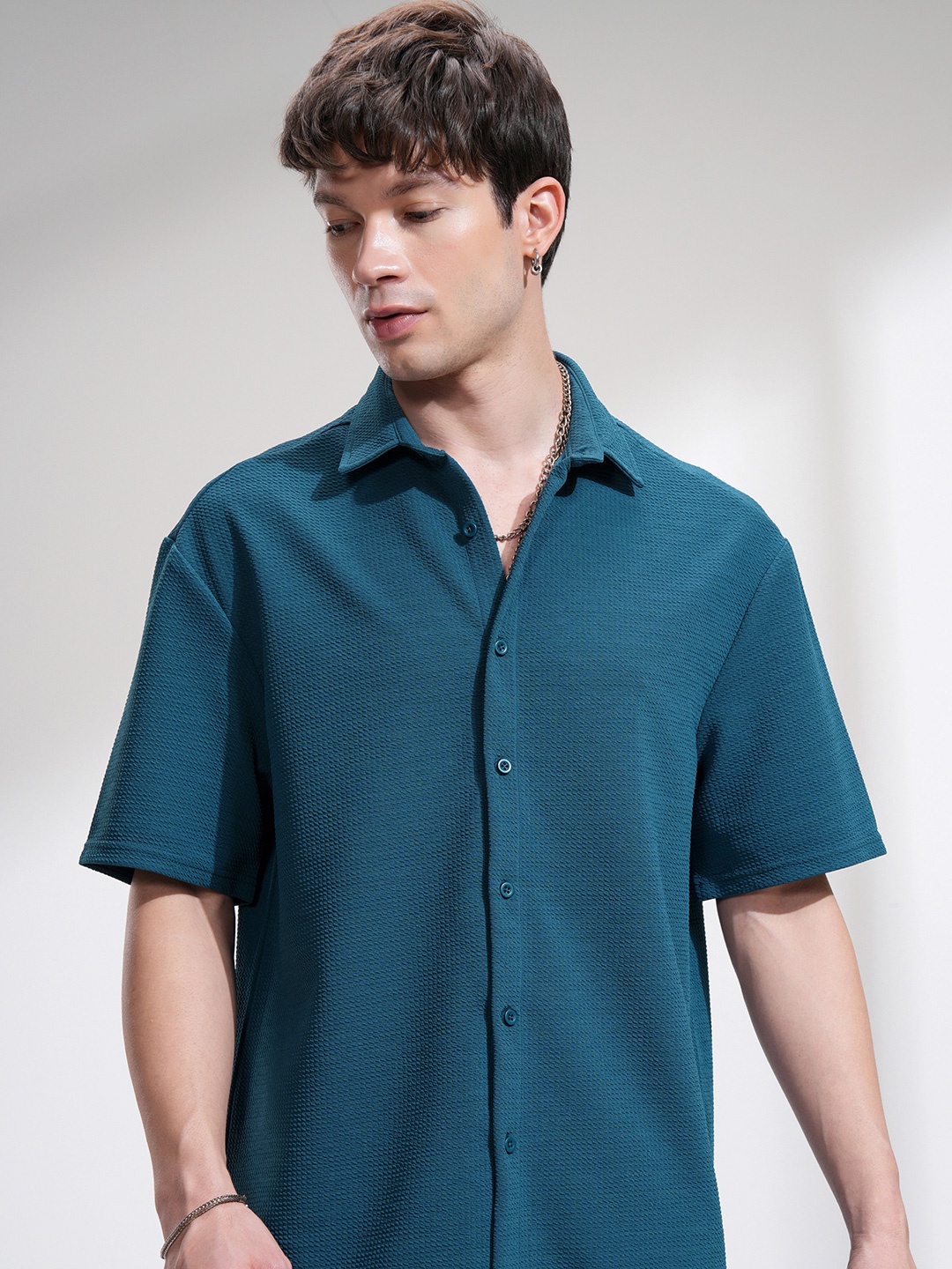 

HIGHLANDER Drop Shoulder Oversized Textured Shirt, Teal