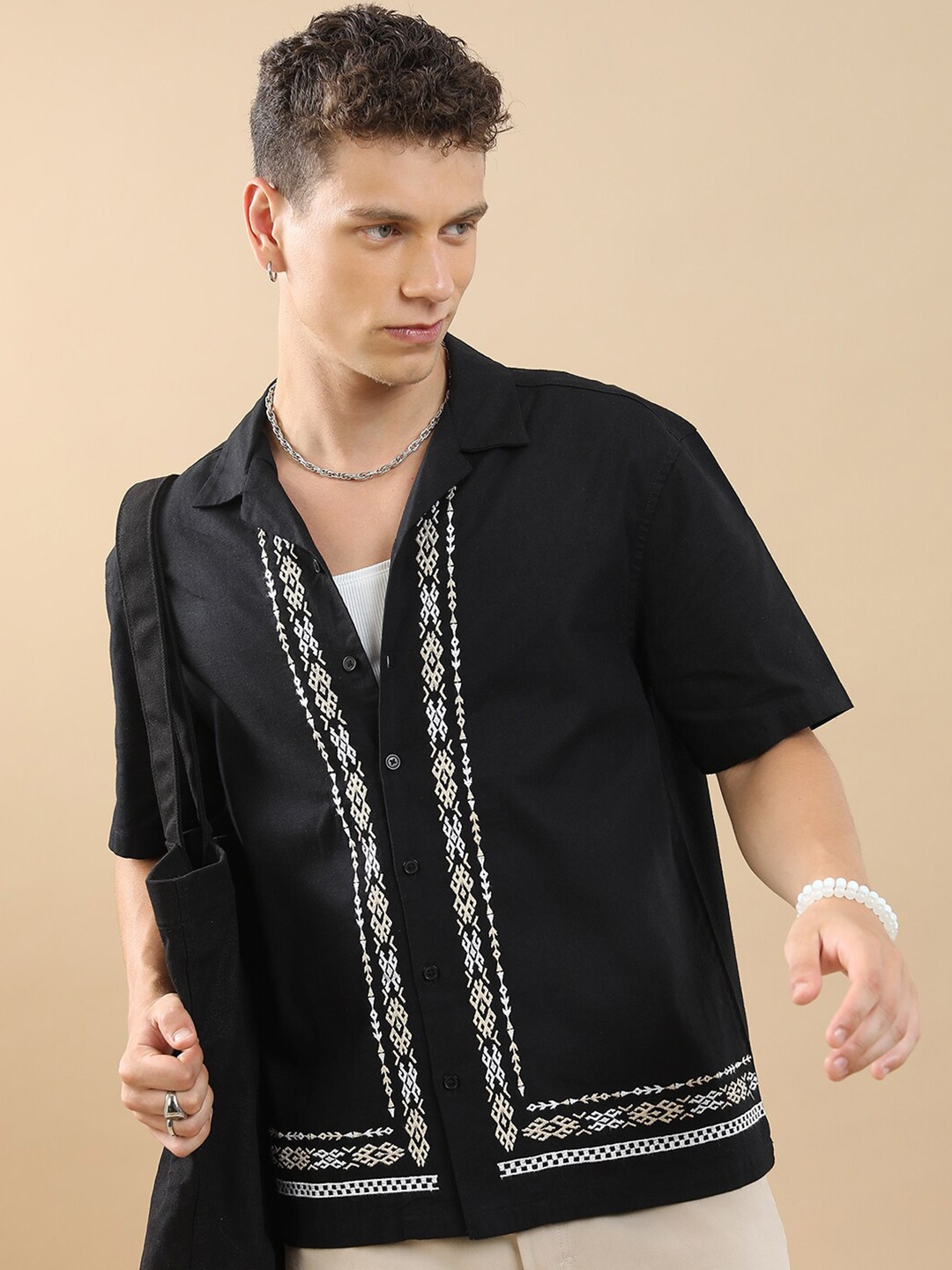 

HIGHLANDER Embroidered Drop-Shoulder Sleeves Oversized Casual Shirt, Black